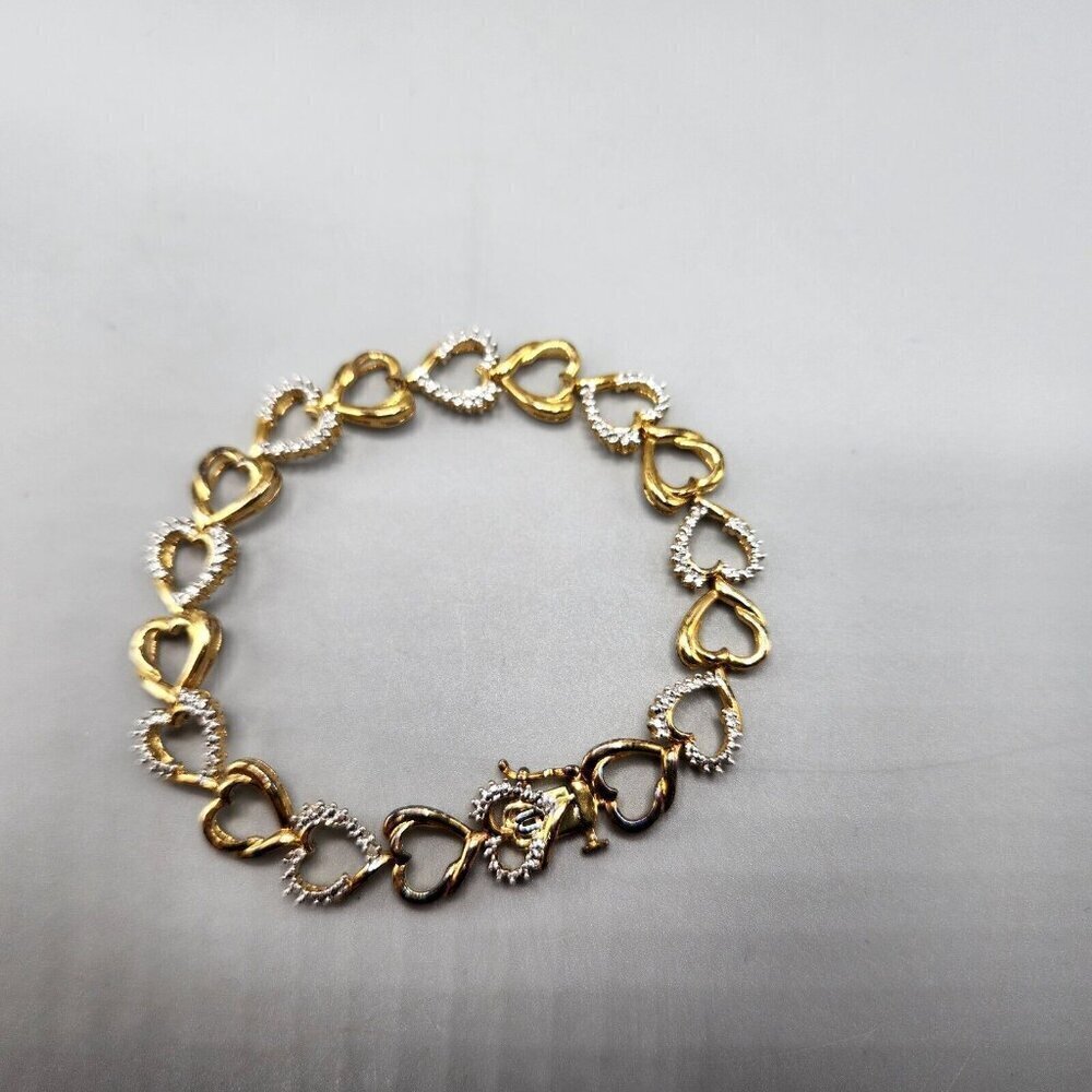 Gold Plated Sterling Silver Heart Link Chain Bracelet 925 Clear Stones 7" Long - Picture 7 of 9